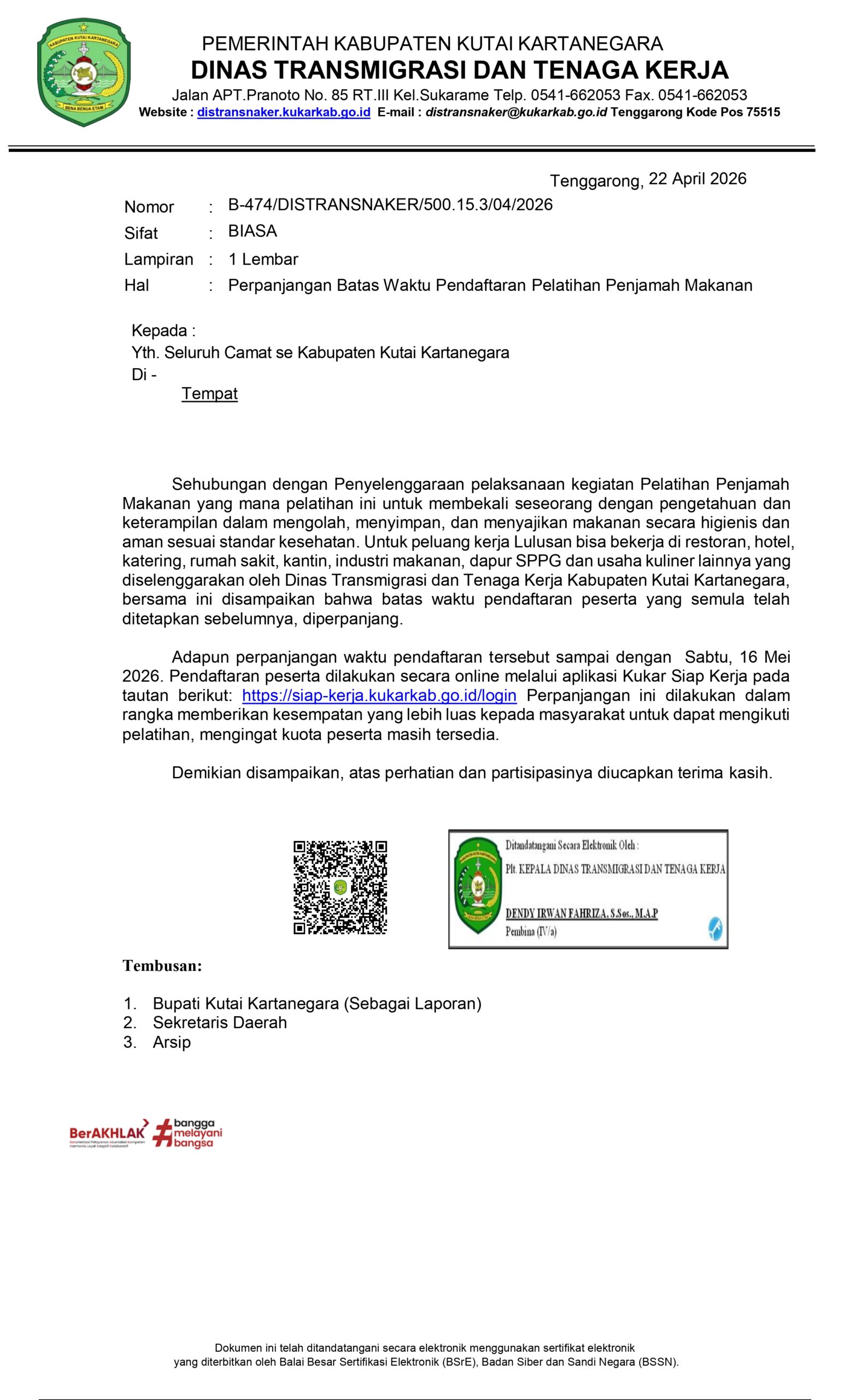 PEMBERITAHUAN : PERPANJANGAN BATAS WAKTU PENDAFTARAN PELATIHAN PENJAMAH MAKANAN
