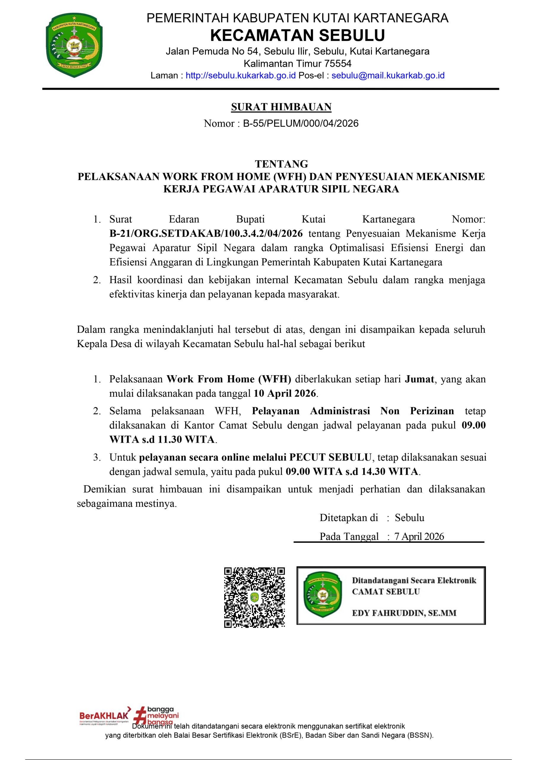 PEMKAB KUTAI KARTANEGARA TERAPKAN WFH SETIAP JUMAT, KANTOR KECAMATAN SEBULU KELUARKAN SURAT HIMBAUAN RESMI