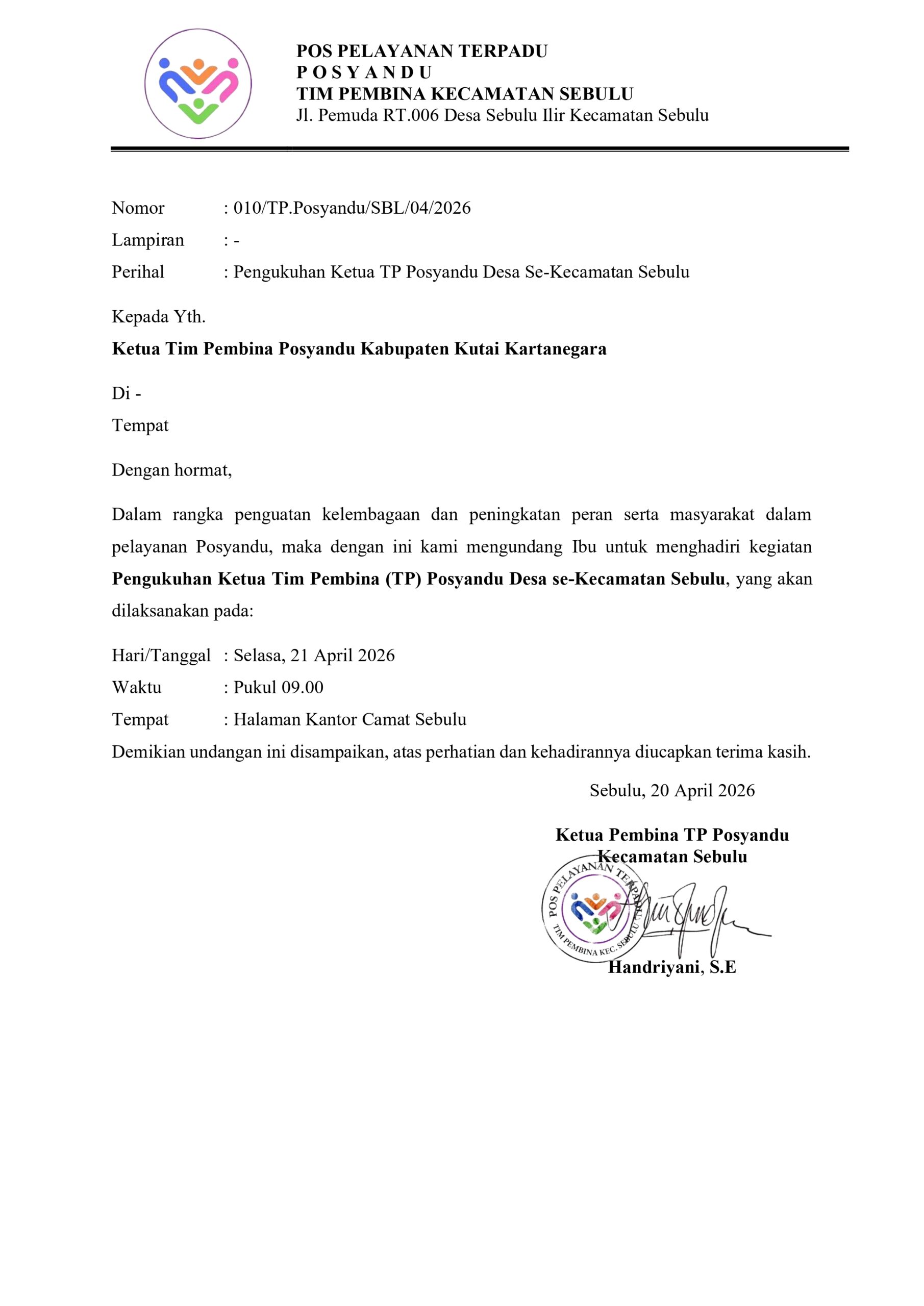 UNDANGAN : PENGUKUHAN KETUA TP POSYANDU DESA SEKECAMATAN SEBULU