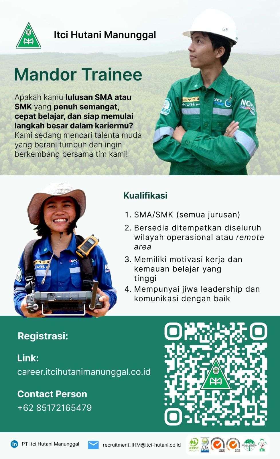 PENGUMUMAN : PT. ITCI HUTANI MANUNGGAL BUKA REKRUTMEN MANDOR TRAINEE BATCH 16 UNTUK LULUSAN SMA/SMK