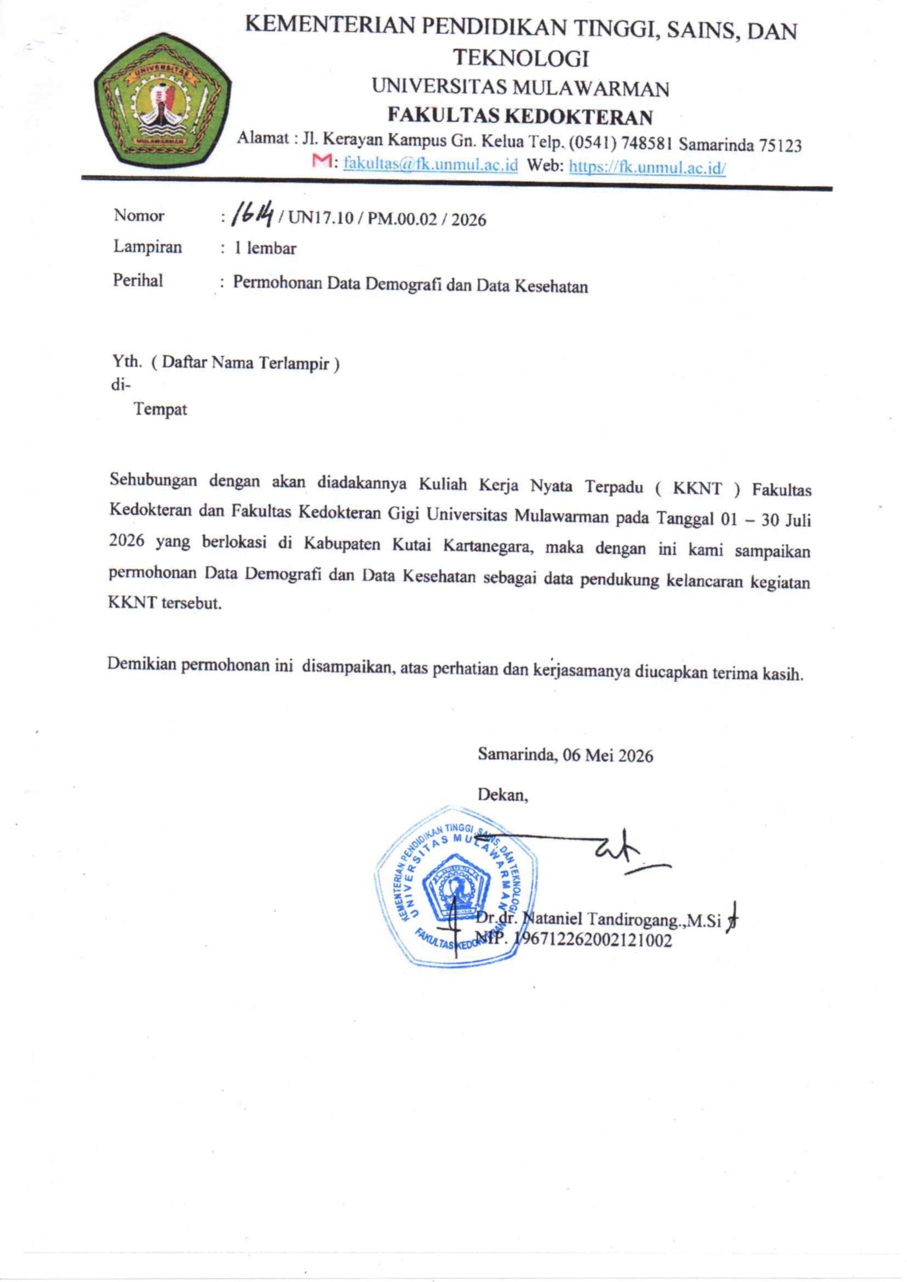 SURAT PERMOHONAN DATA DEMOGRAFI DAN DATA KESEHATAN DARI FAKULTAS KEDOKTERAN UNIVERSITAS MULAWARMAN TAHUN 2026