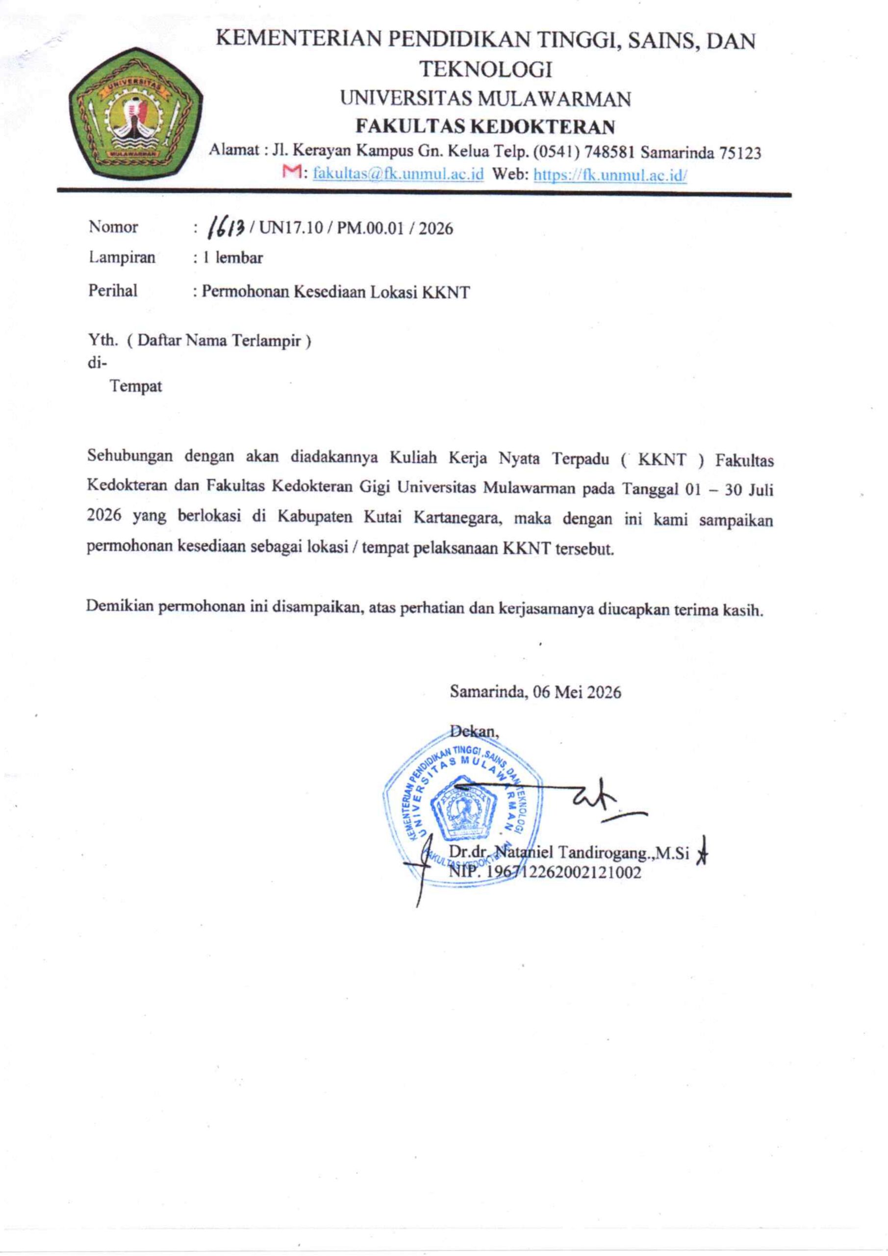 SURAT PERMOHONAN KESEDIAAN LOKASI KKNT DARI FAKULTAS KEDOKTERAN UNIVERSITAS MULAWARMAN TAHUN 2026