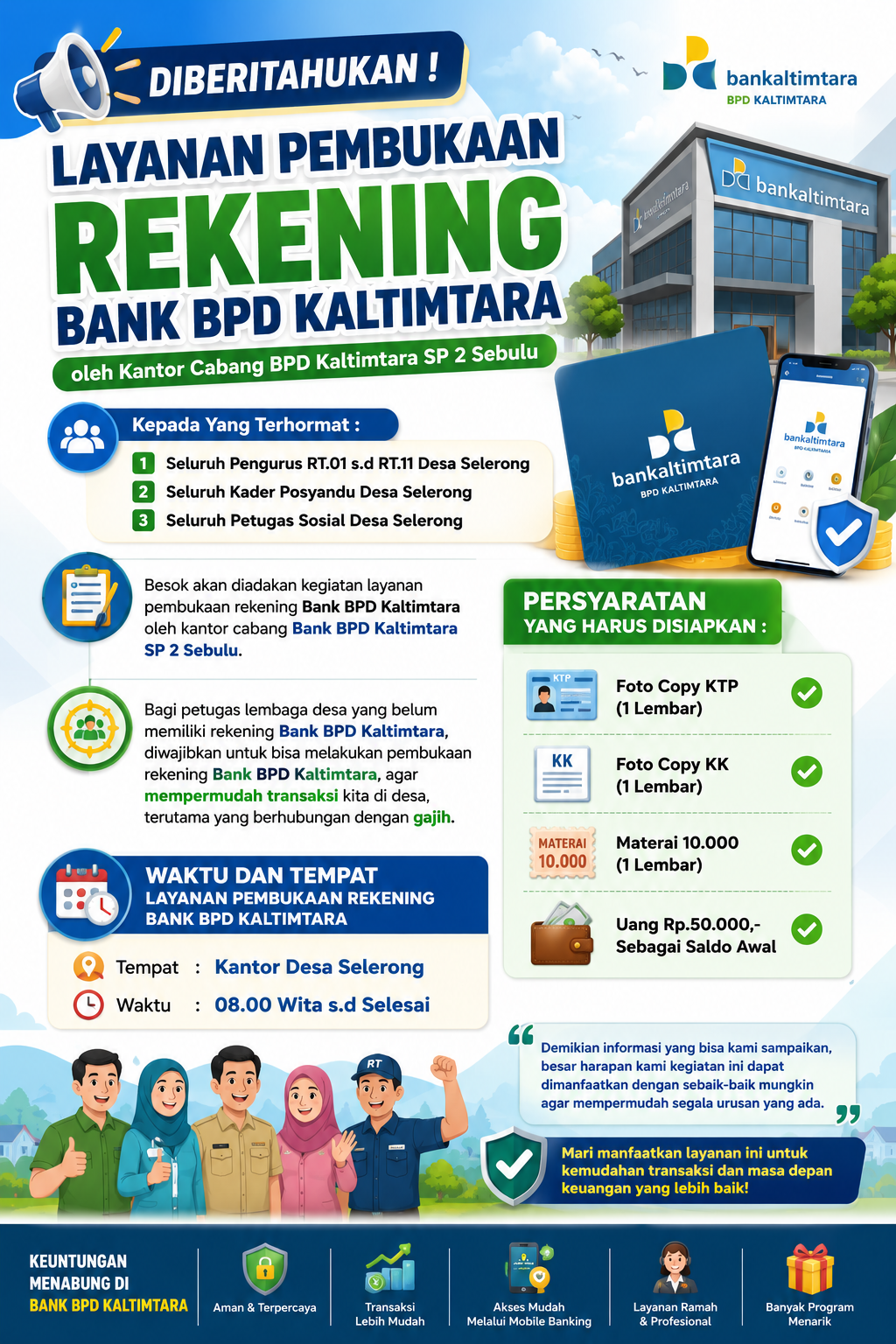 PEMBERITAHUAN : LAYANAN PEMBUKAAN REKENING BPD BANKALTIMTARA DI DESA SELERONG TAHUN 2026