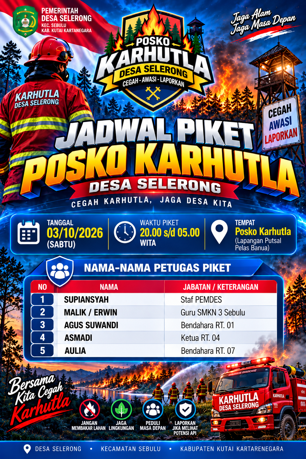 JADWAL PIKET POSKO KARHUTLA DESA SELERONG (3 OKTOBER 2026)